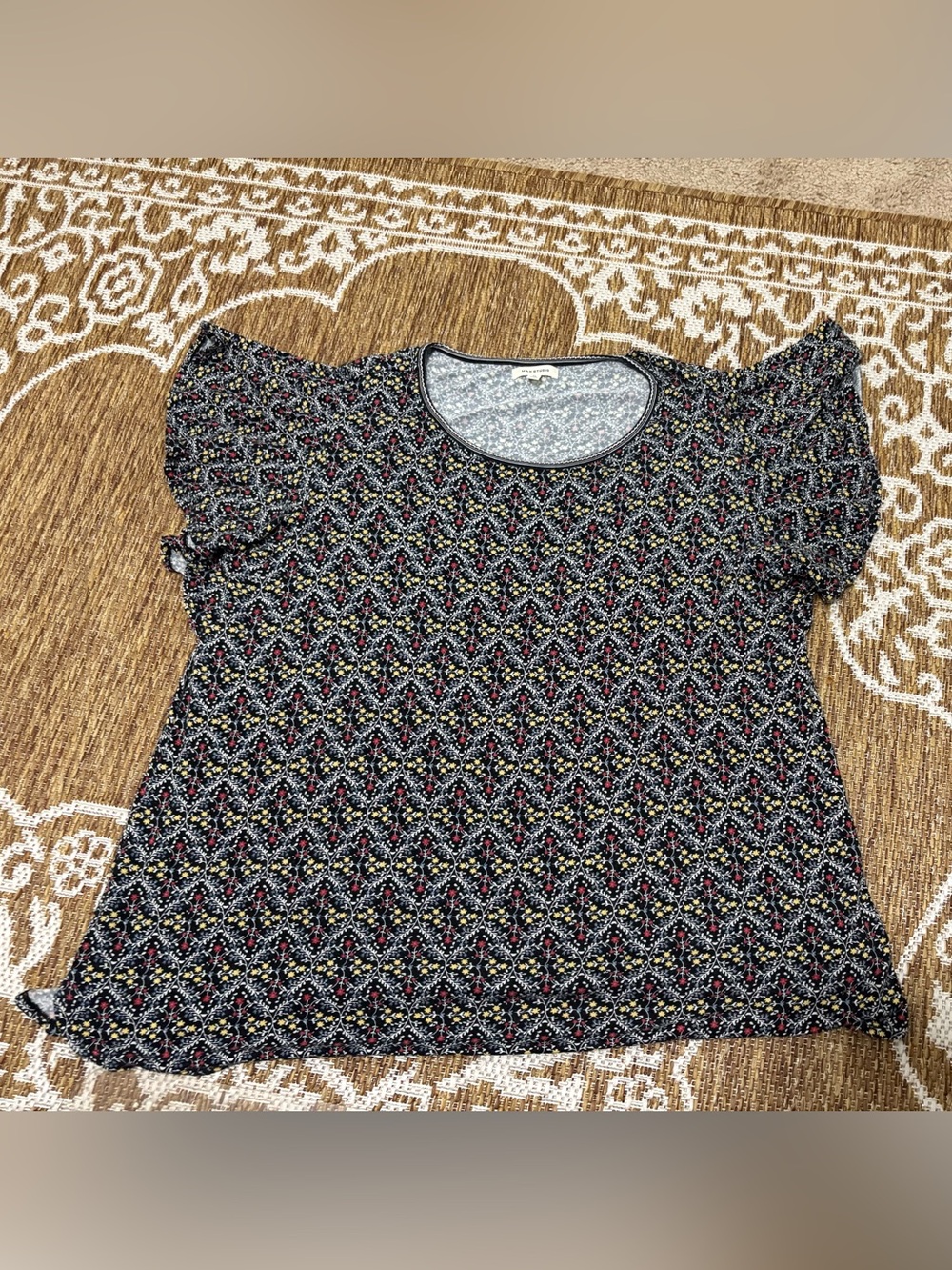 Max Studio womens short sleeve round neck black yellow floral print top plus 1x